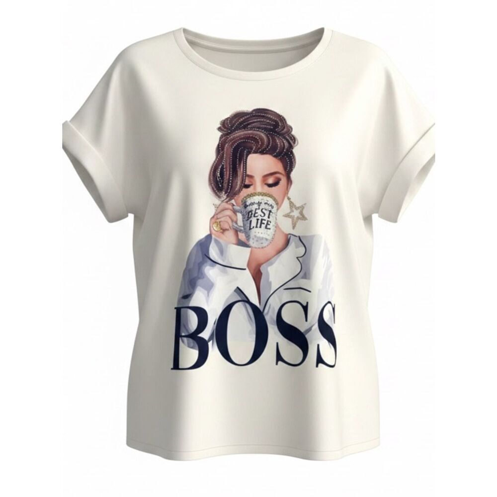 Short sleeve Tee Shirt with cuff sleeves. Image “Boss” Size: XL Color: White